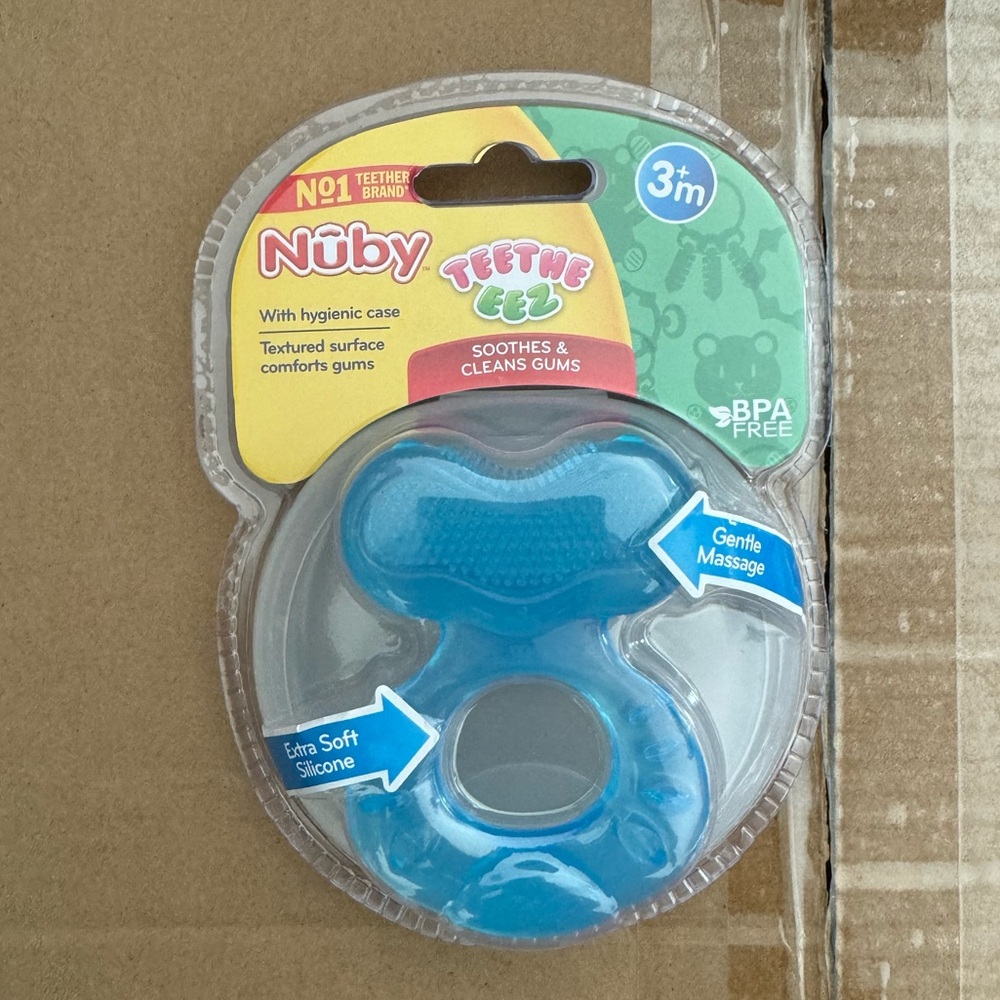 3 Nuby Silicone Teethe-EEZ Teether with Bristles, Includes Hygienic Case, Blue